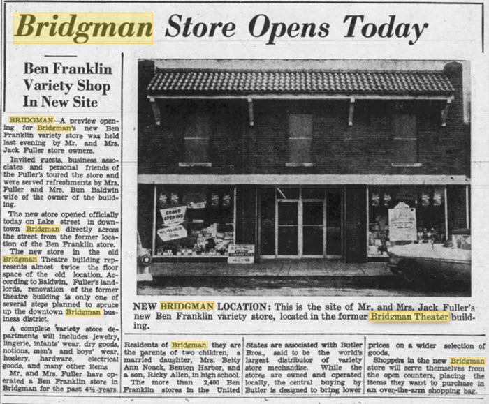Bridgman Theatre - APRIL 7 1960 BECOMES BEN FRANKLIN STORE